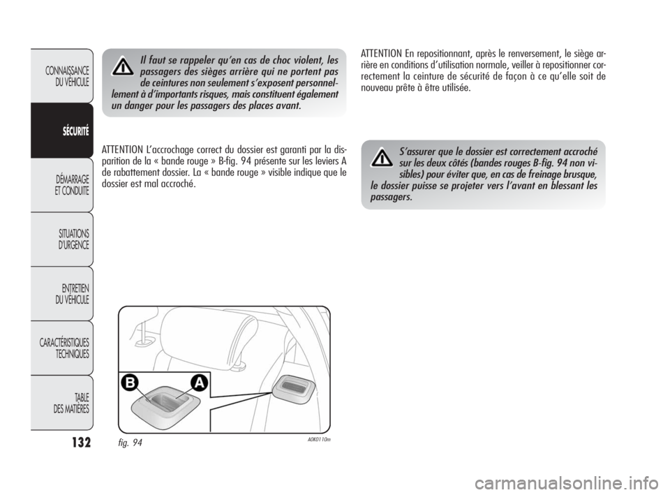 Alfa Romeo Giulietta 2010  Notice dentretien (in French) 132
CONNAISSANCE 
DU VÉHICULE
SÉCURITÉ
DÉMARRAGE 
ET CONDUITE
SITUATIONS 
D’URGENCE
ENTRETIEN 
DU VÉHICULE
CARACTÉRISTIQUES 
TECHNIQUES
TABLE
DES MATIÈRES
Il faut se rappeler qu’en cas de c