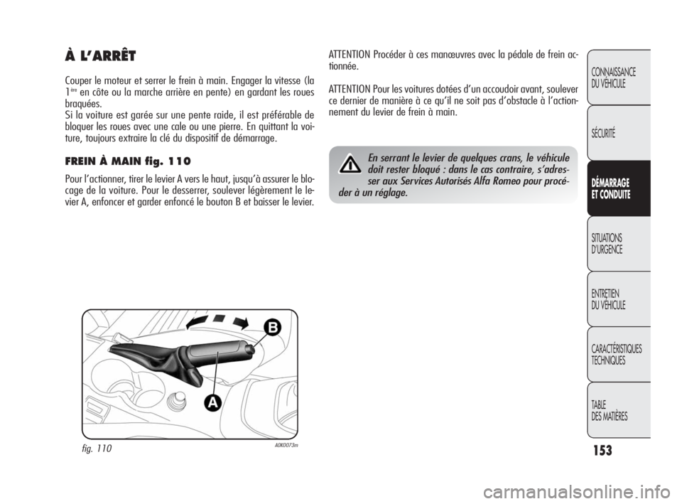Alfa Romeo Giulietta 2010 Notice dentretien (in French) 153
CONNAISSANCE
DU VÉHICULE
SÉCURITÉ
DÉMARRAGE
ET CONDUITE
SITUATIONS
D’URGENCE
ENTRETIEN
DU VÉHICULE
CARACTÉRISTIQUES
TECHNIQUES
TABLE
DES MATIÈRES
ATTENTION Procéder à ces manœuvre Alfa Romeo Giulietta 2010 Notice dentretien (in French) 153
CONNAISSANCE
DU VÉHICULE
SÉCURITÉ
DÉMARRAGE
ET CONDUITE
SITUATIONS
D’URGENCE
ENTRETIEN
DU VÉHICULE
CARACTÉRISTIQUES
TECHNIQUES
TABLE
DES MATIÈRES
ATTENTION Procéder à ces manœuvre
