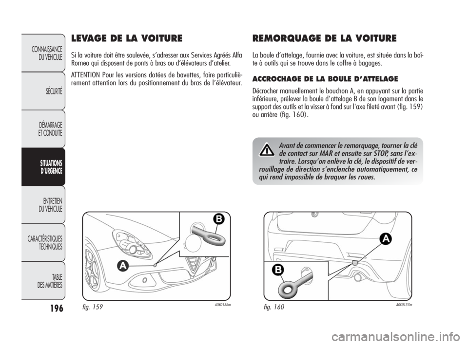 Alfa Romeo Giulietta 2010 Notice dentretien (in French) 196
CONNAISSANCE
DU VÉHICULE
SÉCURITÉ
DÉMARRAGE
ET CONDUITE
SITUATIONS
D’URGENCE
ENTRETIEN
DU VÉHICULE
CARACTÉRISTIQUES
TECHNIQUES
TABLE
DES MATIÈRES
LEVAGE DE LA VOITURE
Si la voiture d Alfa Romeo Giulietta 2010 Notice dentretien (in French) 196
CONNAISSANCE
DU VÉHICULE
SÉCURITÉ
DÉMARRAGE
ET CONDUITE
SITUATIONS
D’URGENCE
ENTRETIEN
DU VÉHICULE
CARACTÉRISTIQUES
TECHNIQUES
TABLE
DES MATIÈRES
LEVAGE DE LA VOITURE
Si la voiture d