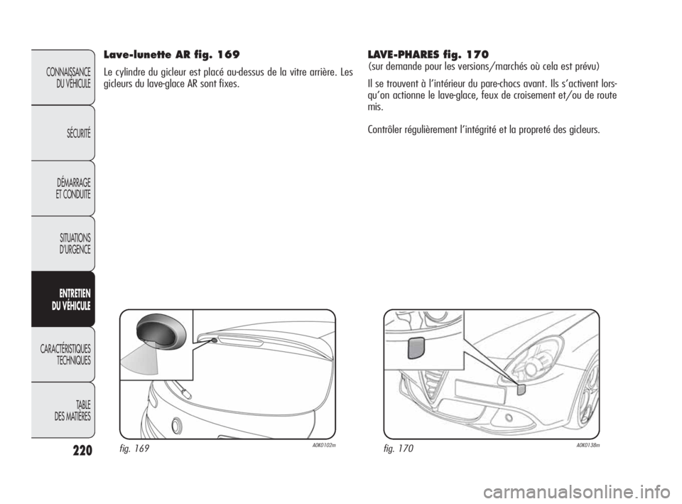Alfa Romeo Giulietta 2010  Notice dentretien (in French) 220
CONNAISSANCE 
DU VÉHICULE
SÉCURITÉ
DÉMARRAGE 
ET CONDUITE
SITUATIONS 
D’URGENCE
ENTRETIEN 
DU VÉHICULE
CARACTÉRISTIQUES 
TECHNIQUES
TABLE
DES MATIÈRES
LAVE-PHARES fig. 170
(sur demande po