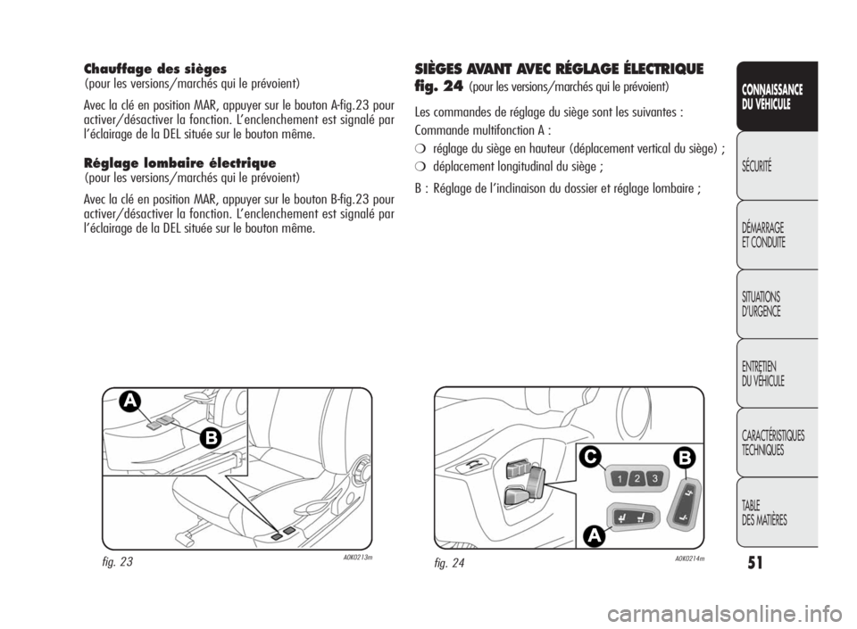 Alfa Romeo Giulietta 2010  Notice dentretien (in French) 51
CONNAISSANCE
DU VÉHICULE
SÉCURITÉ
DÉMARRAGE
ET CONDUITE
SITUATIONS
D’URGENCE
ENTRETIEN
DU VÉHICULE
CARACTÉRISTIQUES
TECHNIQUES
TABLE
DES MATIÈRES
Chauffage des sièges
(pour les versions/m