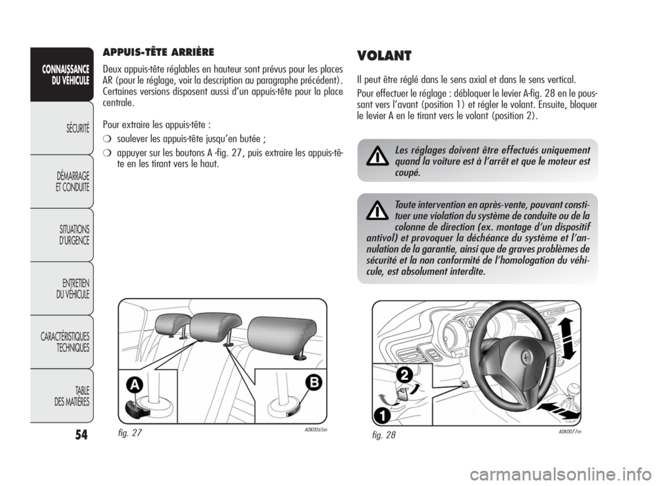Alfa Romeo Giulietta 2010  Notice dentretien (in French) 54
CONNAISSANCE
DU VÉHICULE
SÉCURITÉ
DÉMARRAGE
ET CONDUITE
SITUATIONS
D’URGENCE
ENTRETIEN
DU VÉHICULE
CARACTÉRISTIQUES
TECHNIQUES
TA B L E
DES MATIÈRES
APPUIS-TÊTE ARRIÈRE
Deux appuis-tête