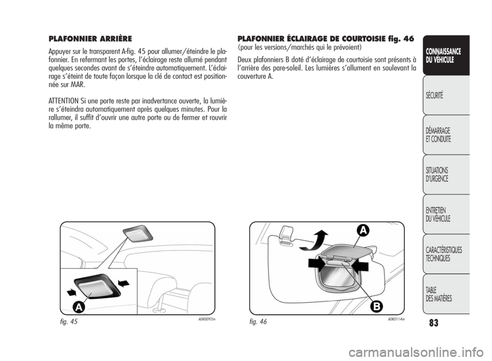 Alfa Romeo Giulietta 2010  Notice dentretien (in French) 83
CONNAISSANCE
DU VÉHICULE
SÉCURITÉ
DÉMARRAGE
ET CONDUITE
SITUATIONS
D’URGENCE
ENTRETIEN
DU VÉHICULE
CARACTÉRISTIQUES
TECHNIQUES
TABLE
DES MATIÈRES
PLAFONNIER ARRIÈRE
Appuyer sur le transpa