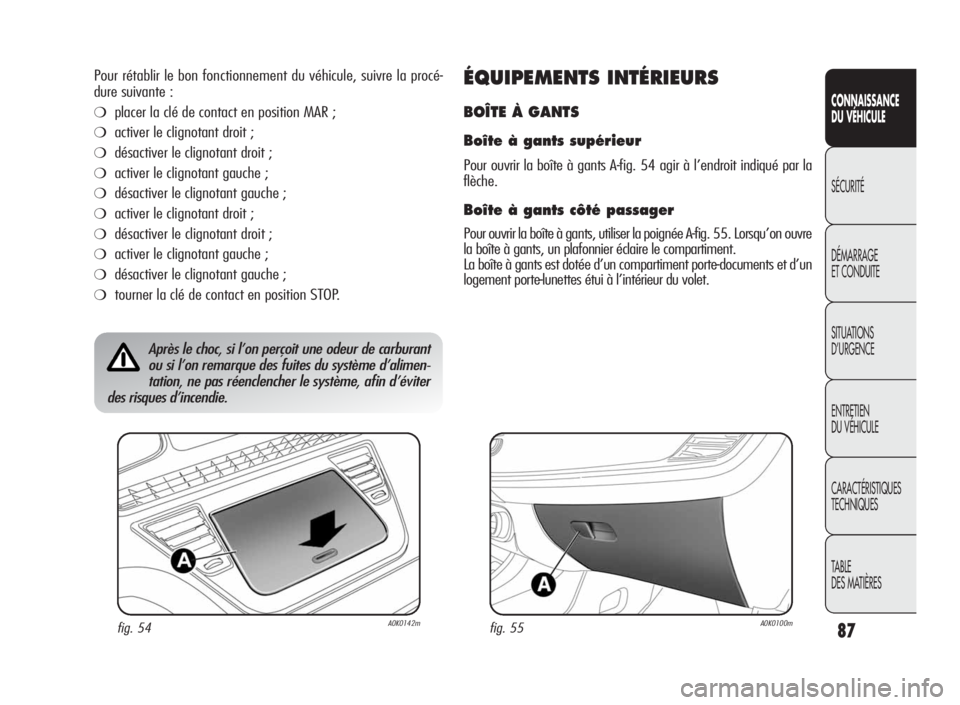 Alfa Romeo Giulietta 2010  Notice dentretien (in French) 87
CONNAISSANCE
DU VÉHICULE
SÉCURITÉ
DÉMARRAGE
ET CONDUITE
SITUATIONS
D’URGENCE
ENTRETIEN
DU VÉHICULE
CARACTÉRISTIQUES
TECHNIQUES
TABLE
DES MATIÈRES
Pour rétablir le bon fonctionnement du v