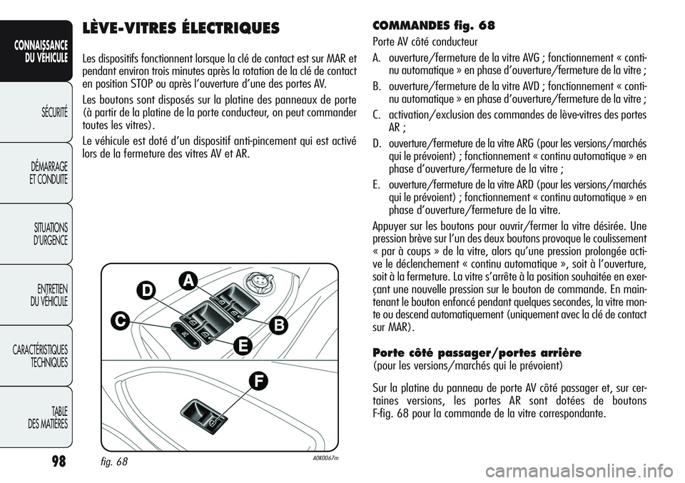 Alfa Romeo Giulietta 2011 Notice dentretien (in French) 98
CONNAISSANCE
DU VÉHICULE
SÉCURITÉ
DÉMARRAGE
ET CONDUITE
SITUATIONS
D’URGENCE
ENTRETIEN
DU VÉHICULE
CARACTÉRISTIQUES
TECHNIQUES
TABLE
DES MATIÈRES
LÈVE-VITRES ÉLECTRIQUES
Les dispositifs Alfa Romeo Giulietta 2011 Notice dentretien (in French) 98
CONNAISSANCE
DU VÉHICULE
SÉCURITÉ
DÉMARRAGE
ET CONDUITE
SITUATIONS
D’URGENCE
ENTRETIEN
DU VÉHICULE
CARACTÉRISTIQUES
TECHNIQUES
TABLE
DES MATIÈRES
LÈVE-VITRES ÉLECTRIQUES
Les dispositifs