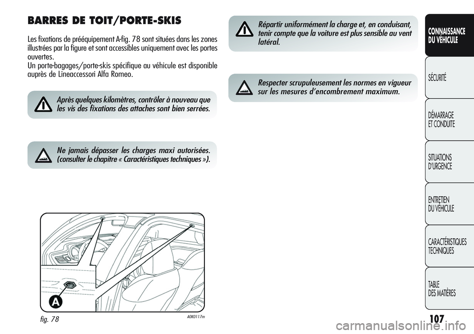 Alfa Romeo Giulietta 2011  Notice dentretien (in French) 107
CONNAISSANCE
DU VÉHICULE
SÉCURITÉ
DÉMARRAGE
ET CONDUITE
SITUATIONS 
D’URGENCE
ENTRETIEN
DU VÉHICULE
CARACTÉRISTIQUES
TECHNIQUES
TABLE
DES MATIÈRES
BARRES DE TOIT/PORTE-SKIS
Les fixations 
