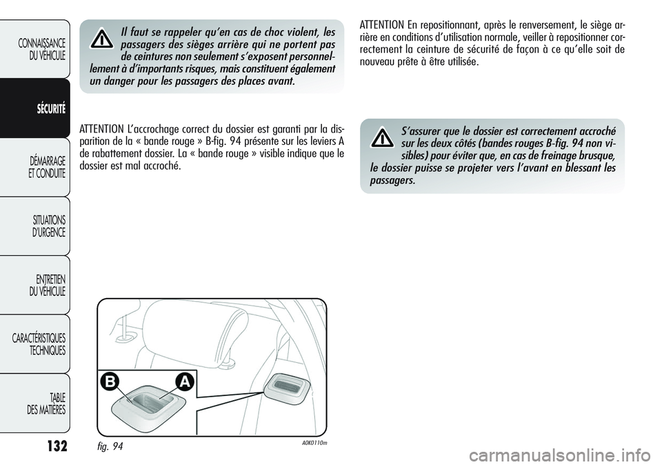 Alfa Romeo Giulietta 2011 Notice dentretien (in French) 132
CONNAISSANCE
DU VÉHICULE
SÉCURITÉ
DÉMARRAGE
ET CONDUITE
SITUATIONS
D’URGENCE
ENTRETIEN
DU VÉHICULE
CARACTÉRISTIQUES
TECHNIQUES
TABLE
DES MATIÈRES
Il faut se rappeler qu’en cas de choc Alfa Romeo Giulietta 2011 Notice dentretien (in French) 132
CONNAISSANCE
DU VÉHICULE
SÉCURITÉ
DÉMARRAGE
ET CONDUITE
SITUATIONS
D’URGENCE
ENTRETIEN
DU VÉHICULE
CARACTÉRISTIQUES
TECHNIQUES
TABLE
DES MATIÈRES
Il faut se rappeler qu’en cas de choc