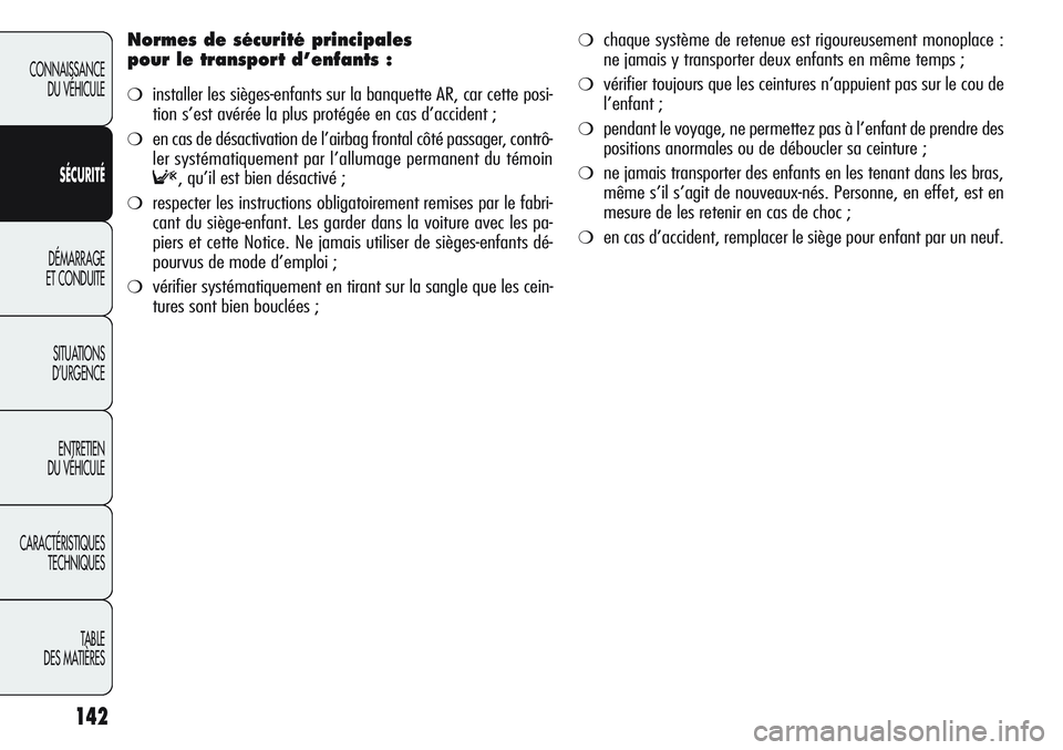 Alfa Romeo Giulietta 2011 Notice dentretien (in French) 142
CONNAISSANCE
DU VÉHICULE
SÉCURITÉ
DÉMARRAGE
ET CONDUITE
SITUATIONS
D’URGENCE
ENTRETIEN
DU VÉHICULE
CARACTÉRISTIQUES
TECHNIQUES
TABLE
DES MATIÈRES
Normes de sécurité principales
pour l Alfa Romeo Giulietta 2011 Notice dentretien (in French) 142
CONNAISSANCE
DU VÉHICULE
SÉCURITÉ
DÉMARRAGE
ET CONDUITE
SITUATIONS
D’URGENCE
ENTRETIEN
DU VÉHICULE
CARACTÉRISTIQUES
TECHNIQUES
TABLE
DES MATIÈRES
Normes de sécurité principales
pour l