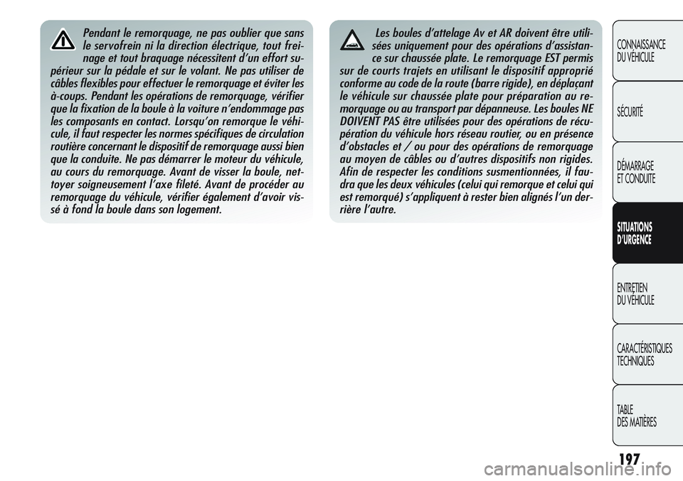 Alfa Romeo Giulietta 2011 Notice dentretien (in French) 197
CONNAISSANCE
DU VÉHICULE
SÉCURITÉ
DÉMARRAGE
ET CONDUITE
SITUATIONS
D’URGENCE
ENTRETIEN
DU VÉHICULE
CARACTÉRISTIQUES
TECHNIQUES
TABLE
DES MATIÈRES
Pendant le remorquage, ne pas oublier qu Alfa Romeo Giulietta 2011 Notice dentretien (in French) 197
CONNAISSANCE
DU VÉHICULE
SÉCURITÉ
DÉMARRAGE
ET CONDUITE
SITUATIONS
D’URGENCE
ENTRETIEN
DU VÉHICULE
CARACTÉRISTIQUES
TECHNIQUES
TABLE
DES MATIÈRES
Pendant le remorquage, ne pas oublier qu