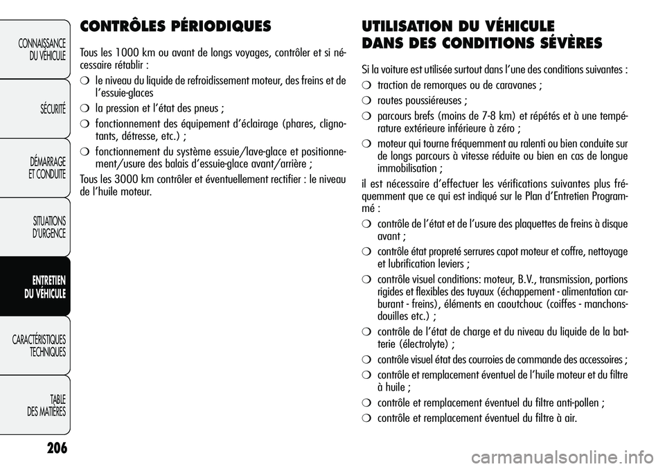 Alfa Romeo Giulietta 2011 Notice dentretien (in French) 206
CONNAISSANCE
DU VÉHICULE
SÉCURITÉ
DÉMARRAGE
ET CONDUITE
SITUATIONS
D’URGENCE
ENTRETIEN
DU VÉHICULE
CARACTÉRISTIQUES
TECHNIQUES
TABLE
DES MATIÈRES
CONTRÔLES PÉRIODIQUES
Tous les 1000 km Alfa Romeo Giulietta 2011 Notice dentretien (in French) 206
CONNAISSANCE
DU VÉHICULE
SÉCURITÉ
DÉMARRAGE
ET CONDUITE
SITUATIONS
D’URGENCE
ENTRETIEN
DU VÉHICULE
CARACTÉRISTIQUES
TECHNIQUES
TABLE
DES MATIÈRES
CONTRÔLES PÉRIODIQUES
Tous les 1000 km