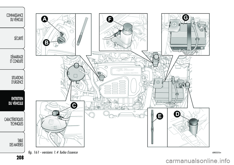 Alfa Romeo Giulietta 2011  Notice dentretien (in French) 208
CONNAISSANCE
DU VÉHICULE
SÉCURITÉ
DÉMARRAGE
ET CONDUITE
SITUATIONS 
D’URGENCE
ENTRETIEN
DU VÉHICULE
CARACTÉRISTIQUES
TECHNIQUES
TABLE
DES MATIÈRES
A0K0335mfig. 161 - versions 1.4 Turbo Es