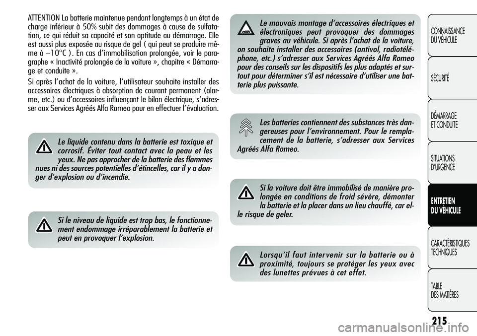 Alfa Romeo Giulietta 2011 Notice dentretien (in French) 215
CONNAISSANCE
DU VÉHICULE
SÉCURITÉ
DÉMARRAGE
ET CONDUITE
SITUATIONS
D’URGENCE
ENTRETIEN
DU VÉHICULE
CARACTÉRISTIQUES
TECHNIQUES
TABLE
DES MATIÈRES
ATTENTION La batterie maintenue pendant Alfa Romeo Giulietta 2011 Notice dentretien (in French) 215
CONNAISSANCE
DU VÉHICULE
SÉCURITÉ
DÉMARRAGE
ET CONDUITE
SITUATIONS
D’URGENCE
ENTRETIEN
DU VÉHICULE
CARACTÉRISTIQUES
TECHNIQUES
TABLE
DES MATIÈRES
ATTENTION La batterie maintenue pendant