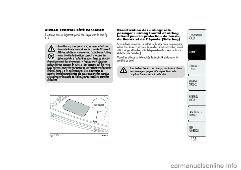 Alfa Romeo Giulietta 2013  Notice dentretien (in French) AIRBAG FRONTAL CÔTÉ PASSAGERIl se trouve dans un logement spécial dans la planche de bord fig.
115.
Quand l'airbag passager est actif, les sièges enfants que
l'on monte dans le sens contra