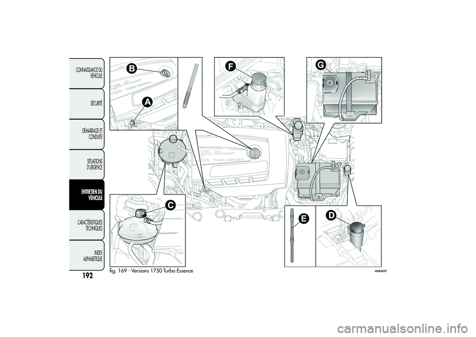 Alfa Romeo Giulietta 2013  Notice dentretien (in French) fig. 169 - Versions 1750 Turbo Essence
A0K0337
192
CONNAISSANCE DU
VÉHICULE
SÉCURITÉ
DÉMARRAGE ET
CONDUITE
SITUATIONS
D’URGENCEENTRETIEN DU
VÉHICULECARACTÉRISTIQUES
TECHNIQUES
INDEX
ALPHABETIQ