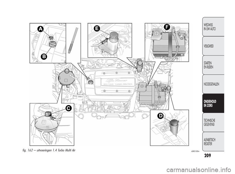 Alfa Romeo Giulietta 2010  Instructieboek (in Dutch) 209
WEGWIJS 
IN UW AUTO
VEILIGHEID
STARTEN 
EN RIJDEN
NOODGEVALLEN
ONDERHOUD 
EN ZORG
TECHNISCHE 
GEGEVENSI
ALFABETISCH 
REGISTER
A0K0188mfig. 162 – uitvoeringen 1.4 Turbo Multi Air
199-224 Alfa Giu