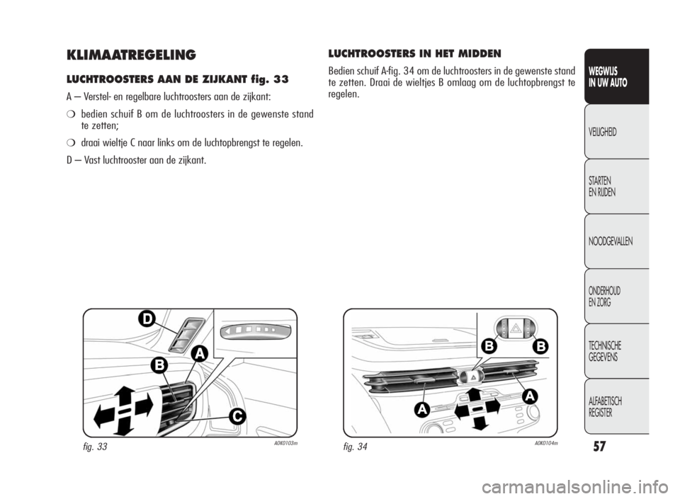 Alfa Romeo Giulietta 2010  Instructieboek (in Dutch) 57
WEGWIJS
IN UW AUTO
VEILIGHEID
STARTEN
EN RIJDEN
NOODGEVALLEN
ONDERHOUD
EN ZORG
TECHNISCHE
GEGEVENS
ALFABETISCH
REGISTER
KLIMAATREGELING
LUCHTROOSTERS AAN DE ZIJKANT fig. 33
A – Verstel- en regelb