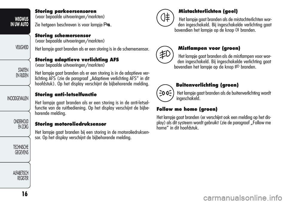 Alfa Romeo Giulietta 2011  Instructieboek (in Dutch) 16
WEGWIJS
IN UW AUTO
VEILIGHEID
STARTEN 
EN RIJDEN
INOODGEVALLEN
ONDERHOUD
EN ZORG
TECHNISCHE
GEGEVENS
ALFABETISCH 
REGISTER
Storing parkeersensoren 
(voor bepaalde uitvoeringen/markten)
Zie hetgeen 