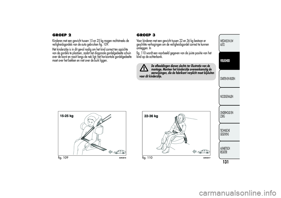 Alfa Romeo Giulietta 2013  Instructieboek (in Dutch) GROEP 2Kinderen met een gewicht tussen 15 en 25 kg mogen rechtstreeks de
veiligheidsgordels van de auto gebruiken fig. 109.
Het kinderzitje is in dit geval nodig om het kind correct ten opzichte
van d