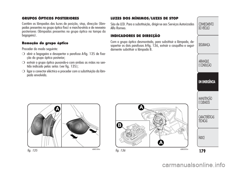 Alfa Romeo Giulietta 2010  Manual de Uso e Manutenção (in Portuguese) 179
CONHECIMENTO 
DO VEÍCULO
SEGURANÇA
ARRANQUE
E CONDUÇÃO
EM EMERGÊNCIA
MANUTENÇÃO
E CUIDADOS
CARACTERÍSTICAS 
TÉCNICAS
ÍNDICE
GRUPOS ÓPTICOS POSTERIORES 
Contêm as lâmpadas das luzes de