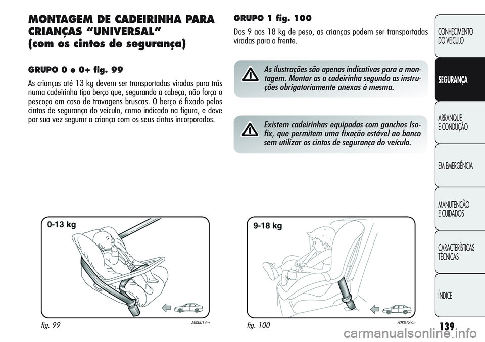 Alfa Romeo Giulietta 2011  Manual de Uso e Manutenção (in Portuguese) 139
CONHECIMENTO
DO VEÍCULO
SEGURANÇA
ARRANQUE
E CONDUÇÃO
EM EMERGÊNCIA
MANUTENÇÃO
E CUIDADOS
CARACTERÍSTICAS
TÉCNICAS
ÍNDICE
MONTAGEM DE CADEIRINHA PARA
CRIANÇAS “UNIVERSAL” 
(com os c