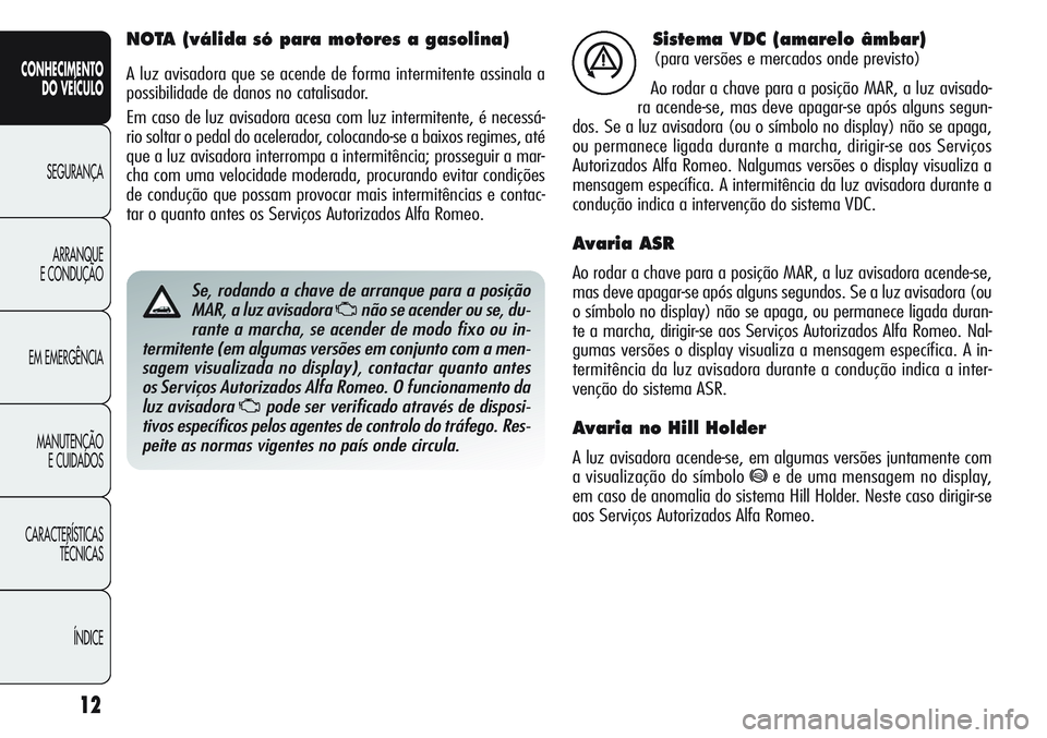 Alfa Romeo Giulietta 2011  Manual de Uso e Manutenção (in Portuguese) 12
CONHECIMENTO
DO VEÍCULO
SEGURANÇA
ARRANQUE
E CONDUÇÃO
EM EMERGÊNCIA
MANUTENÇÃO
E CUIDADOS
CARACTERÍSTICAS
TÉCNICAS
ÍNDICE
Sistema VDC (amarelo âmbar)
(para versões e mercados onde previ
