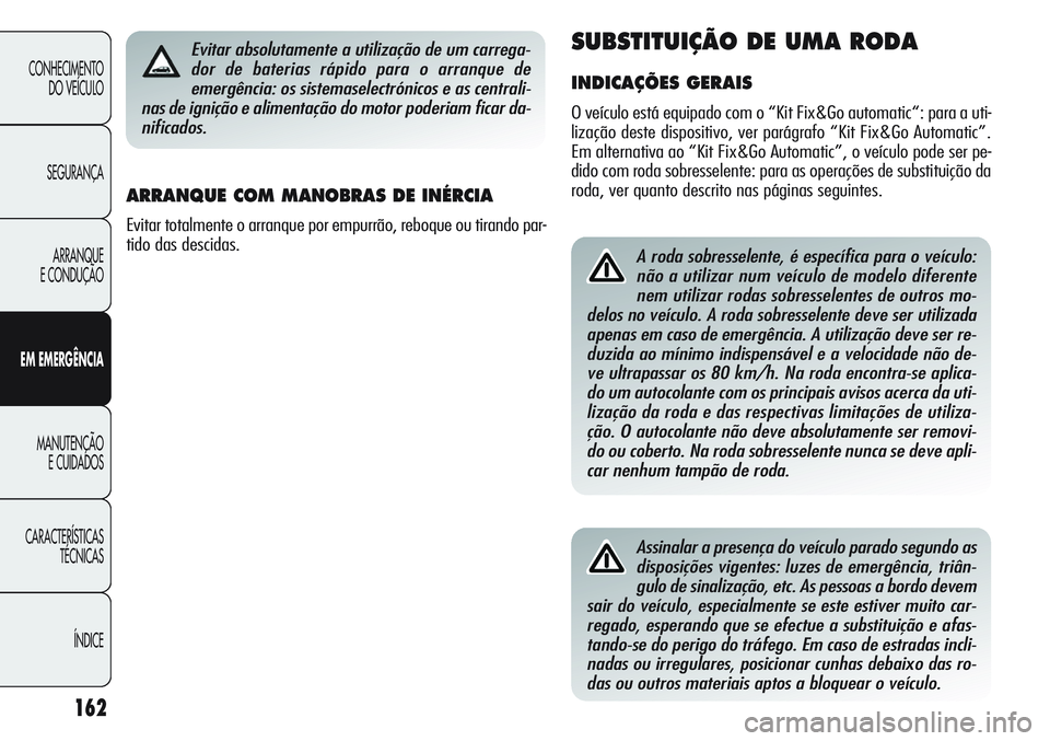 Alfa Romeo Giulietta 2011  Manual de Uso e Manutenção (in Portuguese) 162
CONHECIMENTO
DO VEÍCULO
SEGURANÇA
ARRANQUE
E CONDUÇÃO
EM EMERGÊNCIA
MANUTENÇÃO
E CUIDADOS
CARACTERÍSTICAS
TÉCNICAS
ÍNDICE
A roda sobresselente, é específica para o veículo:
não a uti