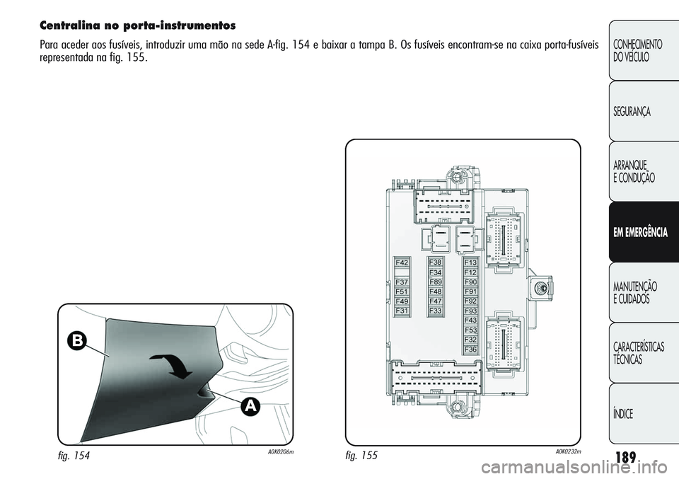 Alfa Romeo Giulietta 2011  Manual de Uso e Manutenção (in Portuguese) 189
CONHECIMENTO
DO VEÍCULO
SEGURANÇA
ARRANQUE
E CONDUÇÃO
EM EMERGÊNCIA
MANUTENÇÃO
E CUIDADOS
CARACTERÍSTICAS
TÉCNICAS
ÍNDICE
Centralina no porta-instrumentos
Para aceder aos fusíveis, intr