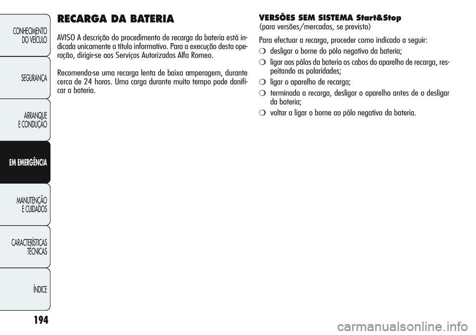 Alfa Romeo Giulietta 2011  Manual de Uso e Manutenção (in Portuguese) 194
CONHECIMENTO
DO VEÍCULO
SEGURANÇA
ARRANQUE
E CONDUÇÃO
EM EMERGÊNCIA
MANUTENÇÃO
E CUIDADOS
CARACTERÍSTICAS
TÉCNICAS
ÍNDICE
RECARGA DA BATERIA
AVISO A descrição do procedimento de recarg