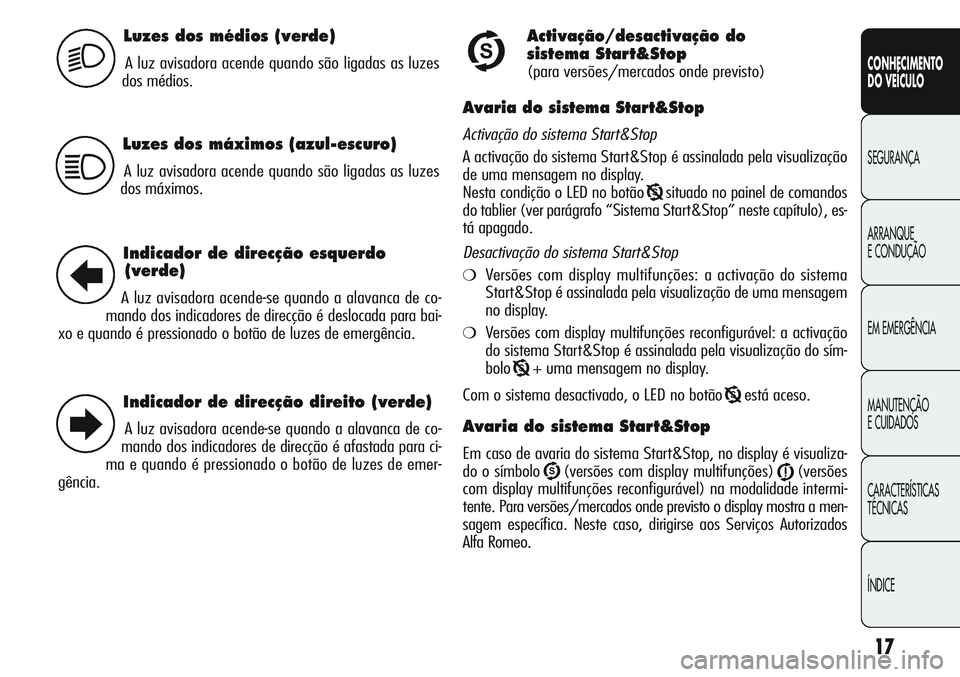 Alfa Romeo Giulietta 2011  Manual de Uso e Manutenção (in Portuguese) 17
CONHECIMENTO
DO VEÍCULO
SEGURANÇA
ARRANQUE
E CONDUÇÃO
EM EMERGÊNCIA
MANUTENÇÃO
E CUIDADOS
CARACTERÍSTICAS
TÉCNICAS
ÍNDICE
Luzes dos médios (verde)
A luz avisadora acende quando são liga