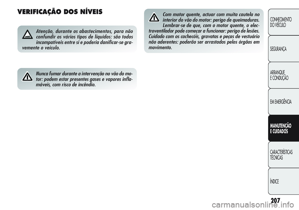 Alfa Romeo Giulietta 2011  Manual de Uso e Manutenção (in Portuguese) 207
CONHECIMENTO
DO VEÍCULO
SEGURANÇA
ARRANQUE
E CONDUÇÃO
EM EMERGÊNCIA
MANUTENÇÃO
E CUIDADOS
CARACTERÍSTICAS
TÉCNICAS
ÍNDICE
VERIFICAÇÃO DOS NÍVEIS
Atenção, durante os abastecimentos, 