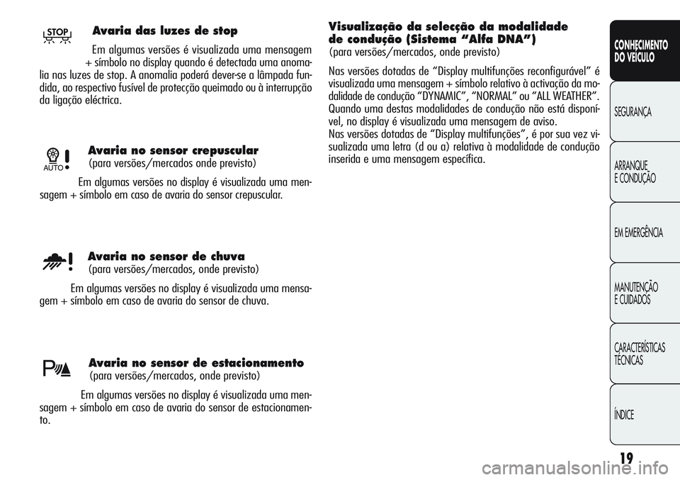 Alfa Romeo Giulietta 2011  Manual de Uso e Manutenção (in Portuguese) 19
CONHECIMENTO
DO VEÍCULO
SEGURANÇA
ARRANQUE
E CONDUÇÃO
EM EMERGÊNCIA
MANUTENÇÃO
E CUIDADOS
CARACTERÍSTICAS
TÉCNICAS
ÍNDICE
Avaria no sensor crepuscular
(para versões/mercados onde previst