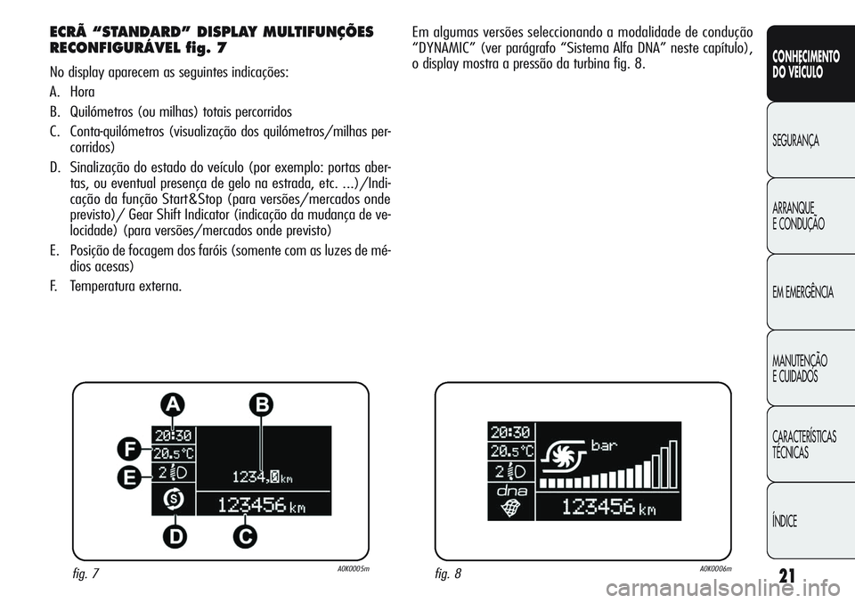 Alfa Romeo Giulietta 2011  Manual de Uso e Manutenção (in Portuguese) 21
CONHECIMENTO
DO VEÍCULO
SEGURANÇA
ARRANQUE
E CONDUÇÃO
EM EMERGÊNCIA
MANUTENÇÃO
E CUIDADOS
CARACTERÍSTICAS
TÉCNICAS
ÍNDICE
ECRÃ “STANDARD” DISPLAY MULTIFUNÇÕES
RECONFIGURÁVEL fig. 