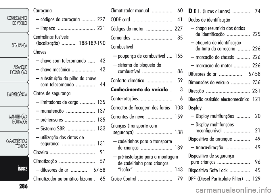Alfa Romeo Giulietta 2011 Manual de Uso e Manutenção (in Portuguese) 286
CONHECIMENTO
DO VEÍCULO
SEGURANÇA
ARRANQUE
E CONDUÇÃO
EM EMERGÊNCIA
MANUTENÇÃO
E CUIDADOS
CARACTERÍSTICAS
TÉCNICAS
ÍNDICE
Carroçaria
– códigos da carroçaria .......... 227
– limpe Alfa Romeo Giulietta 2011 Manual de Uso e Manutenção (in Portuguese) 286
CONHECIMENTO
DO VEÍCULO
SEGURANÇA
ARRANQUE
E CONDUÇÃO
EM EMERGÊNCIA
MANUTENÇÃO
E CUIDADOS
CARACTERÍSTICAS
TÉCNICAS
ÍNDICE
Carroçaria
– códigos da carroçaria .......... 227
– limpe