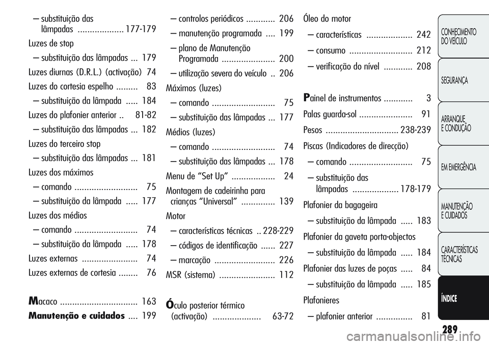 Alfa Romeo Giulietta 2011 Manual de Uso e Manutenção (in Portuguese) 289
CONHECIMENTO
DO VEÍCULO
SEGURANÇA
ARRANQUE
E CONDUÇÃO
EM EMERGÊNCIA
MANUTENÇÃO
E CUIDADOS
CARACTERÍSTICAS
TÉCNICAS
ÍNDICE
– substituição das
lâmpadas...................177-179
Luze Alfa Romeo Giulietta 2011 Manual de Uso e Manutenção (in Portuguese) 289
CONHECIMENTO
DO VEÍCULO
SEGURANÇA
ARRANQUE
E CONDUÇÃO
EM EMERGÊNCIA
MANUTENÇÃO
E CUIDADOS
CARACTERÍSTICAS
TÉCNICAS
ÍNDICE
– substituição das
lâmpadas...................177-179
Luze