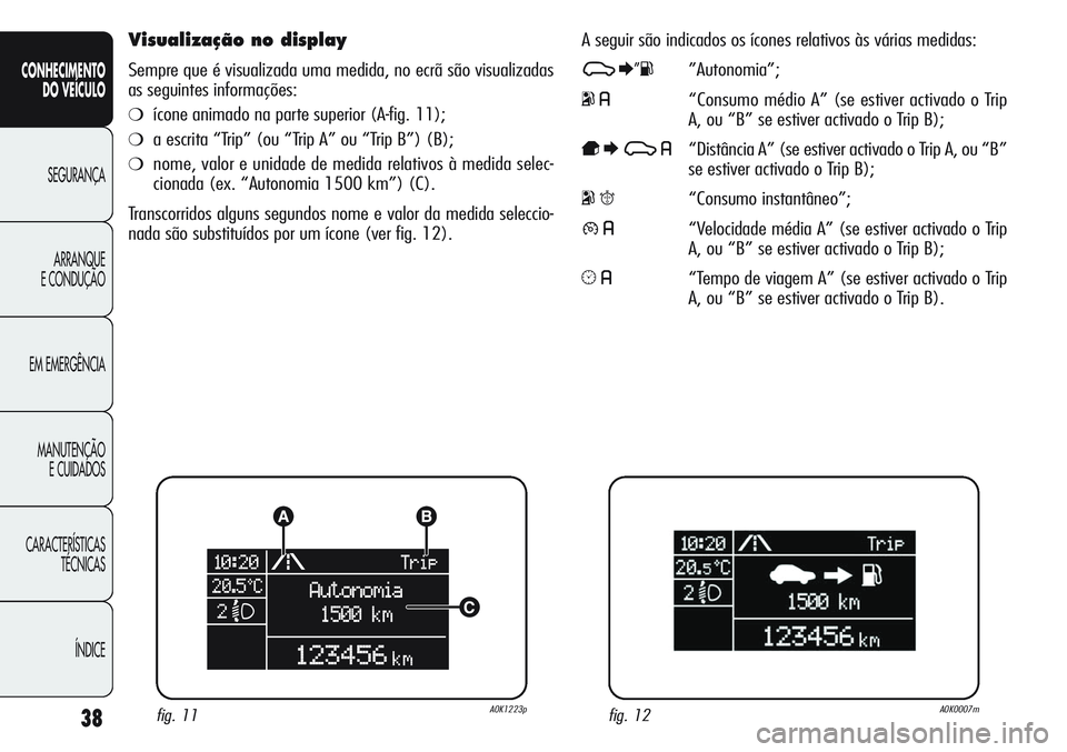 Alfa Romeo Giulietta 2011  Manual de Uso e Manutenção (in Portuguese) 38
CONHECIMENTO
DO VEÍCULO
SEGURANÇA
ARRANQUE
E CONDUÇÃO
EM EMERGÊNCIA
MANUTENÇÃO
E CUIDADOS
CARACTERÍSTICAS
TÉCNICAS
ÍNDICE
Visualização no display
Sempre que é visualizada uma medida, n