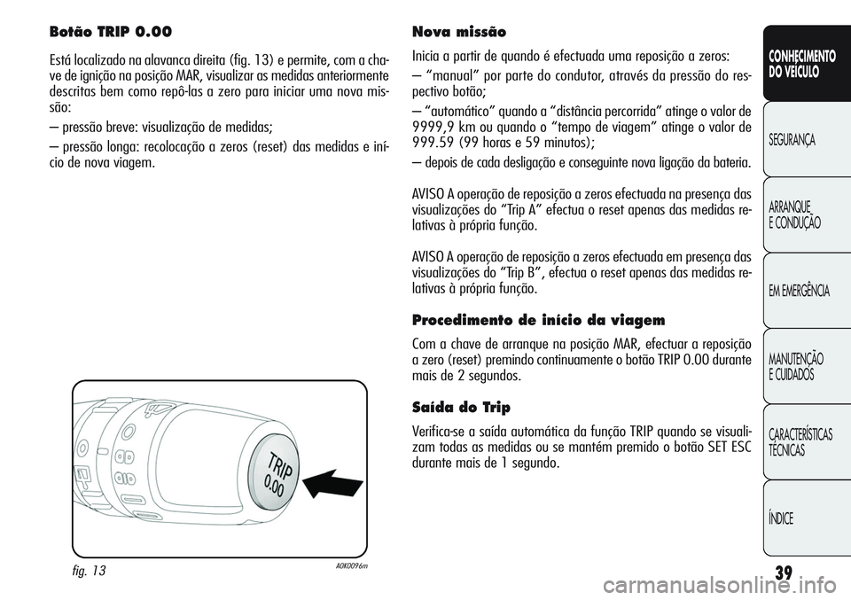 Alfa Romeo Giulietta 2011  Manual de Uso e Manutenção (in Portuguese) 39
CONHECIMENTO
DO VEÍCULO
SEGURANÇA
ARRANQUE
E CONDUÇÃO
EM EMERGÊNCIA
MANUTENÇÃO
E CUIDADOS
CARACTERÍSTICAS
TÉCNICAS
ÍNDICE
Botão TRIP 0.00
Está localizado na alavanca direita (fig. 13) e