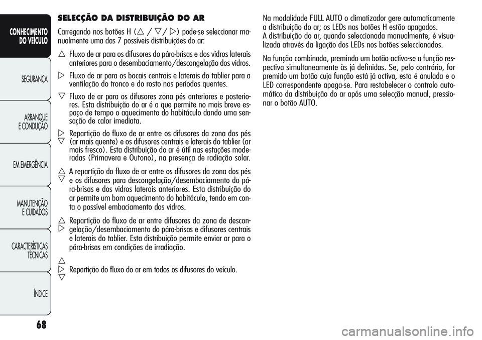 Alfa Romeo Giulietta 2011  Manual de Uso e Manutenção (in Portuguese) 68
CONHECIMENTO
DO VEÍCULO
SEGURANÇA
ARRANQUE
E CONDUÇÃO
EM EMERGÊNCIA
MANUTENÇÃO
E CUIDADOS
CARACTERÍSTICAS
TÉCNICAS
ÍNDICE
Na modalidade FULL AUTO o climatizador gere automaticamente
a dis