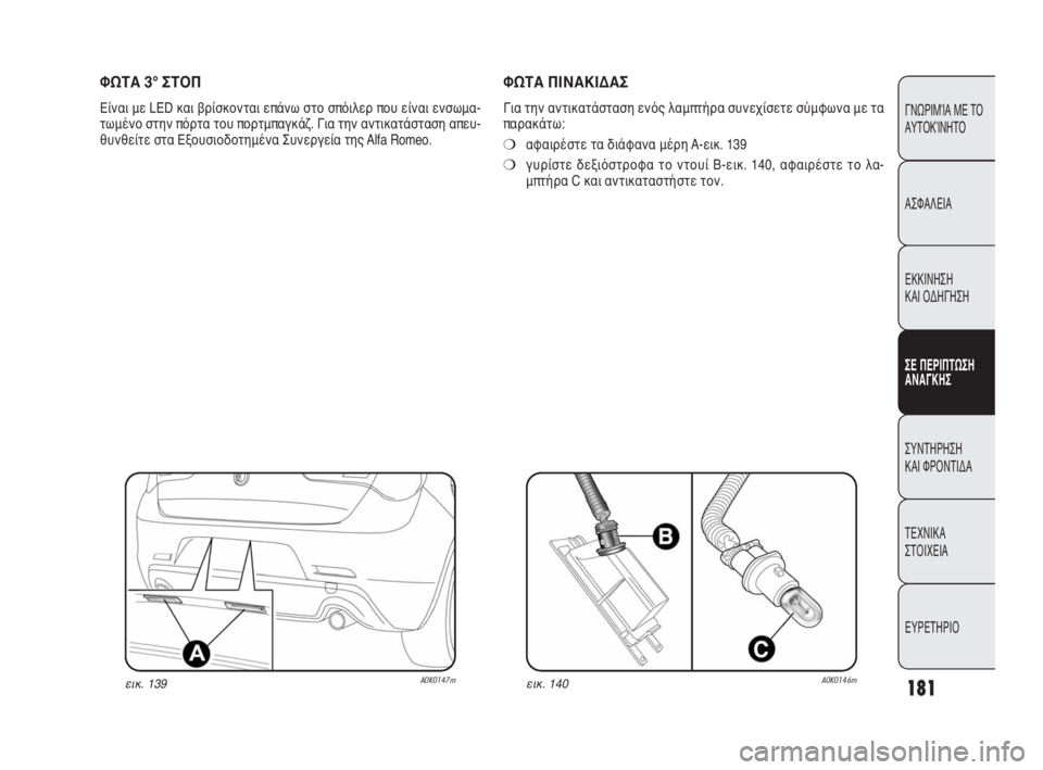 Alfa Romeo Giulietta 2010  ΒΙΒΛΙΟ ΧΡΗΣΗΣ ΚΑΙ ΣΥΝΤΗΡΗΣΗΣ (in Greek) 181
ΓΝΩΡΙΜΊΑ ΜΕ ΤΟ
ΑΥΤΟΚΊΝΗΤΟ
ΑΣΦΑΛΕΙΑ
ΕΚΚΙΝΗΣΗ 
ΚΑΙ ΟΔΗΓΗΣΗ
ΣΕ ΠΕΡΙΠΤΩΣΗ
ΑΝΑΓΚΗΣ
ΣΥΝΤΗΡΗΣΗ 
ΚΑΙ ΦΡΟΝΤΙΔΑ
ΤΕΧΝ