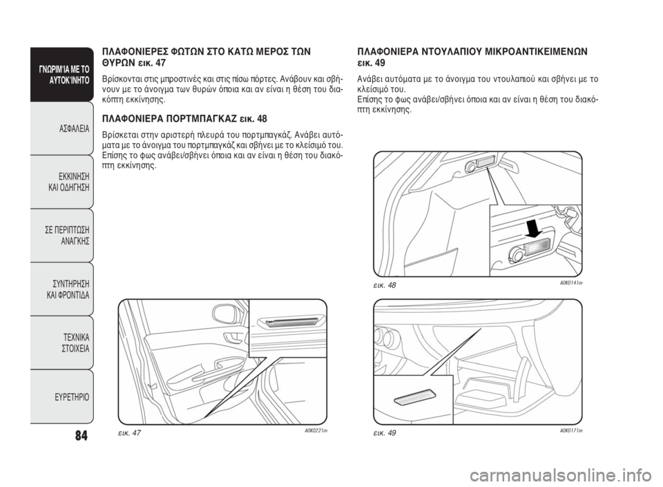 Alfa Romeo Giulietta 2010  ΒΙΒΛΙΟ ΧΡΗΣΗΣ ΚΑΙ ΣΥΝΤΗΡΗΣΗΣ (in Greek) 84
ΓΝΩΡΙΜΊΑ ΜΕ ΤΟ
ΑΥΤΟΚΊΝΗΤΟ
ΑΣΦΑΛΕΙΑ
ΕΚΚΙΝΗΣΗ 
ΚΑΙ ΟΔΗΓΗΣΗ
ΣΕ ΠΕΡΙΠΤΩΣΗ
ΑΝΑΓΚΗΣ
ΣΥΝΤΗΡΗΣΗ 
ΚΑΙ ΦΡΟΝΤΙΔΑ
ΤΕΧΝ