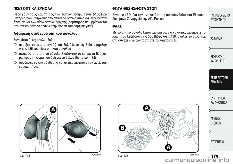 Alfa Romeo Giulietta 2012  ΒΙΒΛΙΟ ΧΡΗΣΗΣ ΚΑΙ ΣΥΝΤΗΡΗΣΗΣ (in Greek) 179
ΓΝΩΡΙΜΊΑ ΜΕ ΤΟ
ΑΥΤΟΚΊΝΗΤΟ
ΑΣΦΑΛΕΙΑ
ΕΚΚΙΝΗΣΗ 
ΚΑΙ ΟΔΗΓΗΣΗ
ΣΕ ΠΕΡΙΠΤΩΣΗ
ΑΝΑΓΚΗΣ
ΣΥΝΤΗΡΗΣΗ 
ΚΑΙ ΦΡΟΝΤΙΔΑ
ΤΕΧΝ