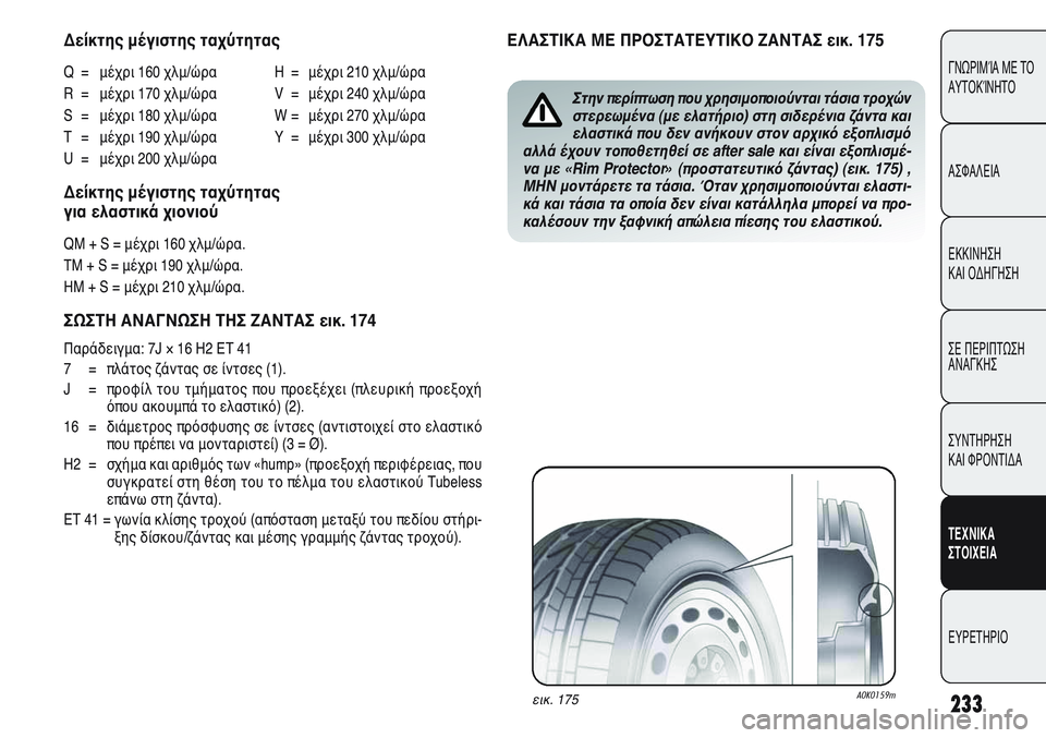 Alfa Romeo Giulietta 2012  ΒΙΒΛΙΟ ΧΡΗΣΗΣ ΚΑΙ ΣΥΝΤΗΡΗΣΗΣ (in Greek) 233
ΓΝΩΡΙΜΊΑ ΜΕ ΤΟ
ΑΥΤΟΚΊΝΗΤΟ
ΑΣΦΑΛΕΙΑ
ΕΚΚΙΝΗΣΗ
ΚΑΙ ΟΔΗΓΗΣΗ
ΣΕ ΠΕΡΙΠΤΩΣΗ
ΑΝΑΓΚΗΣ
ΣΥΝΤΗΡΗΣΗ
ΚΑΙ ΦΡΟΝΤΙΔΑ
ΤΕΧΝΙ