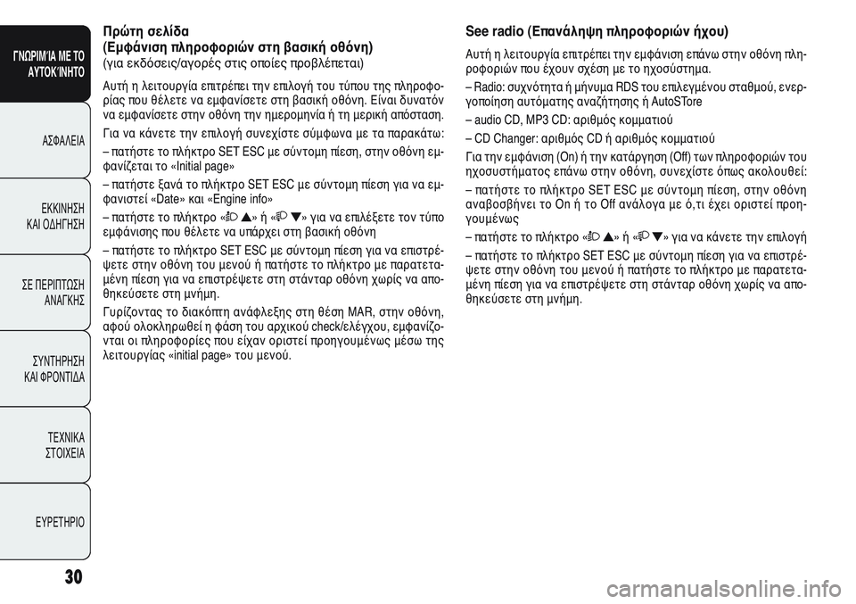 Alfa Romeo Giulietta 2012  ΒΙΒΛΙΟ ΧΡΗΣΗΣ ΚΑΙ ΣΥΝΤΗΡΗΣΗΣ (in Greek) 30
ΓΝΩΡΙΜΊΑ ΜΕ ΤΟ
ΑΥΤΟΚΊΝΗΤΟ
ΑΣΦΑΛΕΙΑ
ΕΚΚΙΝΗΣΗ 
ΚΑΙ ΟΔΗΓΗΣΗ
ΣΕ ΠΕΡΙΠΤΩΣΗ
ΑΝΑΓΚΗΣ
ΣΥΝΤΗΡΗΣΗ 
ΚΑΙ ΦΡΟΝΤΙΔΑ
ΤΕΧΝ