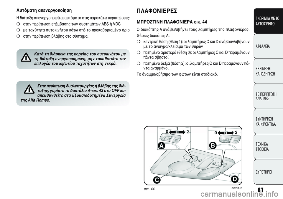Alfa Romeo Giulietta 2012 ΒΙΒΛΙΟ ΧΡΗΣΗΣ ΚΑΙ ΣΥΝΤΗΡΗΣΗΣ (in Greek) 81
ΓΝΩΡΙΜΊΑ ΜΕ ΤΟ
ΑΥΤΟΚΊΝΗΤΟ
ΑΣΦΑΛΕΙΑ
ΕΚΚΙΝΗΣΗ
ΚΑΙ ΟΔΗΓΗΣΗ
ΣΕ ΠΕΡΙΠΤΩΣΗ
ΑΝΑΓΚΗΣ
ΣΥΝΤΗΡΗΣΗ
ΚΑΙ ΦΡΟΝΤΙΔΑ
ΤΕΧΝ Alfa Romeo Giulietta 2012 ΒΙΒΛΙΟ ΧΡΗΣΗΣ ΚΑΙ ΣΥΝΤΗΡΗΣΗΣ (in Greek) 81
ΓΝΩΡΙΜΊΑ ΜΕ ΤΟ
ΑΥΤΟΚΊΝΗΤΟ
ΑΣΦΑΛΕΙΑ
ΕΚΚΙΝΗΣΗ
ΚΑΙ ΟΔΗΓΗΣΗ
ΣΕ ΠΕΡΙΠΤΩΣΗ
ΑΝΑΓΚΗΣ
ΣΥΝΤΗΡΗΣΗ
ΚΑΙ ΦΡΟΝΤΙΔΑ
ΤΕΧΝ