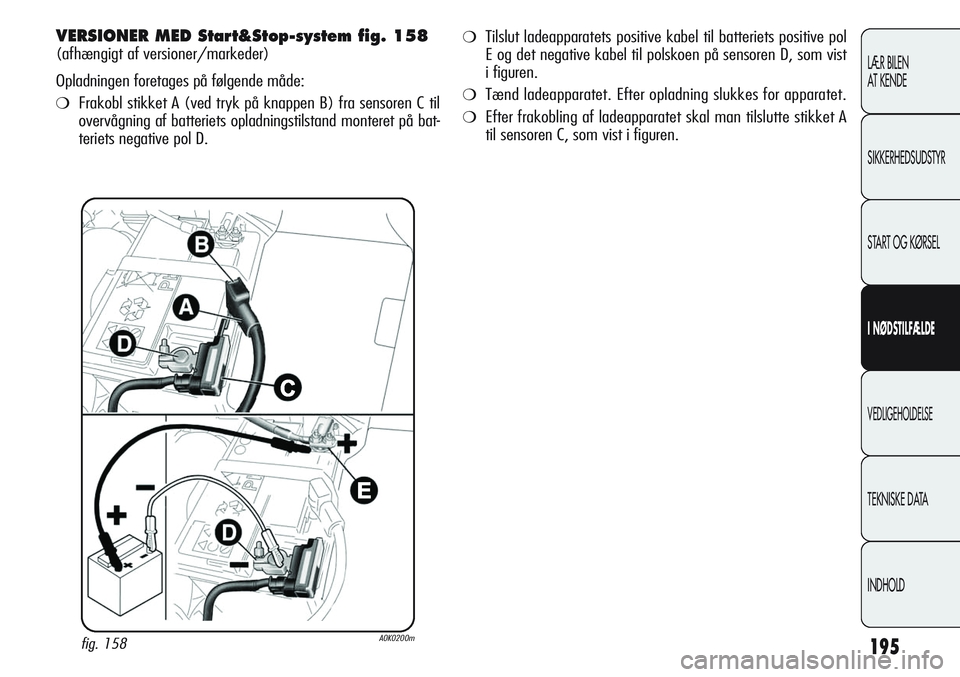 Alfa Romeo Giulietta 2011  Brugs- og vedligeholdelsesvejledning (in Danish) 195
LÆR BILEN 
AT KENDE
SIKKERHEDSUDSTYR
START OG KØRSEL
I NØDSTILFÆLDE
VEDLIGEHOLDELSE
TEKNISKE DATA
INDHOLD
VERSIONER MED Start&Stop-system fig. 158
(afhængigt af versioner/markeder)
Opladninge