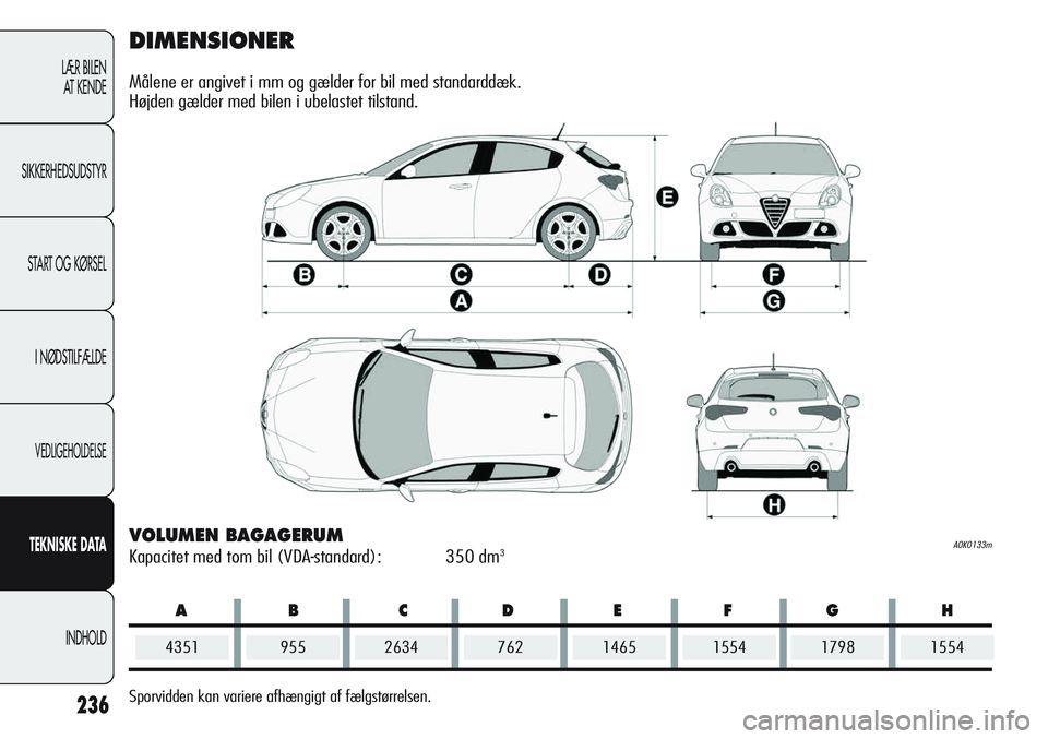 Alfa Romeo Giulietta 2011  Brugs- og vedligeholdelsesvejledning (in Danish) ABCDEFG H
236
LÆR BILEN
AT KENDE
SIKKERHEDSUDSTYR
START OG KØRSEL
I NØDSTILFÆLDE
VEDLIGEHOLDELSE
TEKNISKEDATA
INDHOLD
DIMENSIONER
Målene er angivet i mm og gælder for bil med standarddæk.
Højd