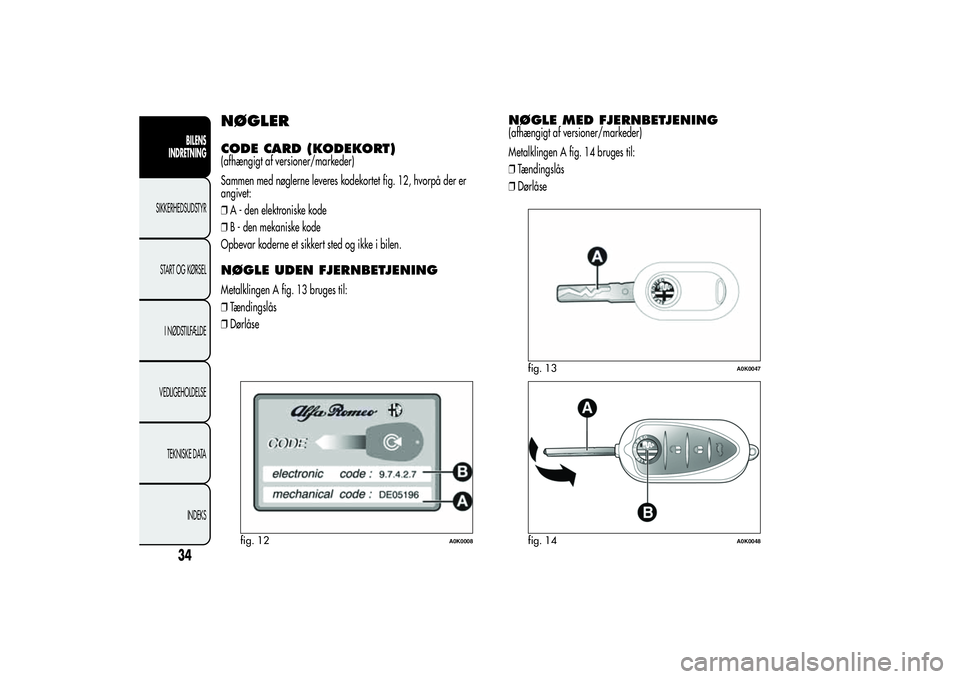 Alfa Romeo Giulietta 2013  Brugs- og vedligeholdelsesvejledning (in Danish) NØGLERCODE CARD (KODEKORT)(afhængigt af versioner/markeder)
Sammen med nøglerne leveres kodekortet fig. 12, hvorpå der er
angivet:
❒A - den elektroniske kode
❒B - den mekaniske kode
Opbevar ko