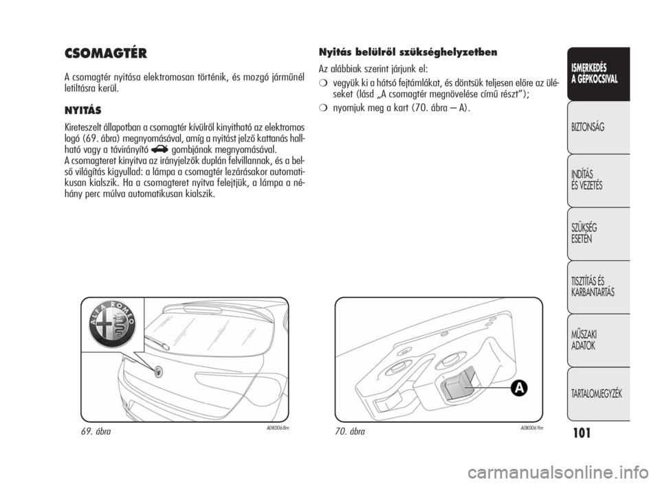 Alfa Romeo Giulietta 2010  Kezelési és karbantartási útmutató (in Hungarian) ISMERKEDÉS
A GÉPKOCSIVAL
BIZTONSÁG
INDÍTÁS
ÉS VEZETÉS
SZÜKSÉG
ESETÉN
TISZTÍTÁS ÉS
KARBANTARTÁS
MÙSZAKI
ADATOK
TARTALOMJEGYZÉK
101
CSOMAGTÉR
A csomagtér nyitása elektromosan történ