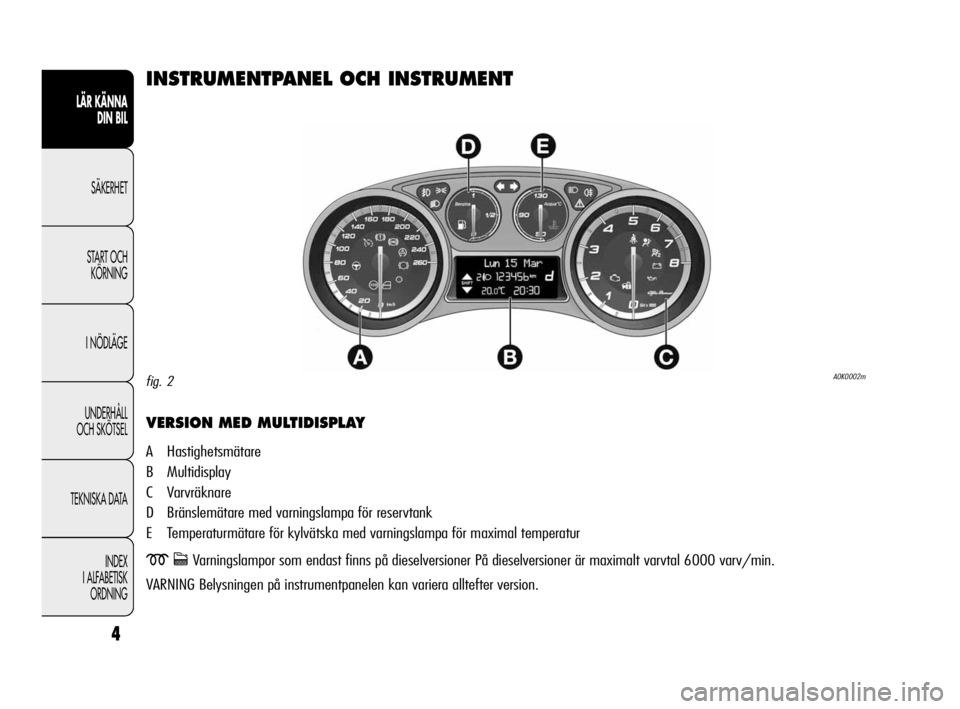 Alfa Romeo Giulietta 2010  Drift- och underhållshandbok (in Swedish) 4
LÄR KÄNNA 
DIN BIL
SÄKERHET
START OCH
KÖRNING
I NÖDLÄGE
UNDERHÅLL 
OCH SKÖTSEL
TEKNISKA DATA
INDEX
I ALFABETISK
ORDNING
INSTRUMENTPANEL OCH INSTRUMENT
VERSION MED MULTIDISPLAY
A Hastighetsm