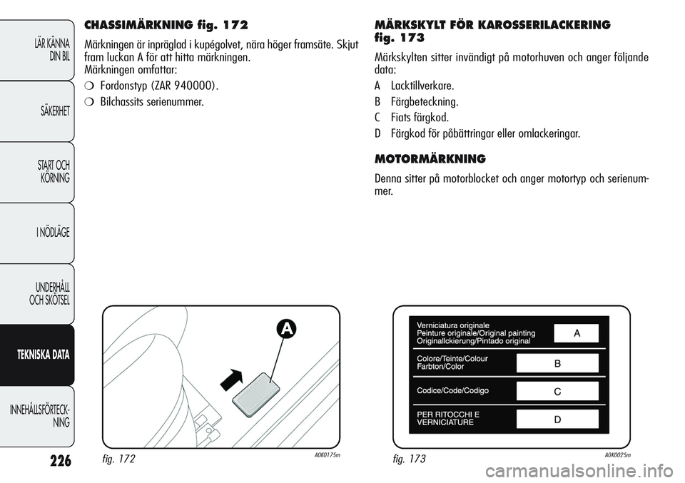 Alfa Romeo Giulietta 2012  Drift- och underhållshandbok (in Swedish) 226
LÄR KÄNNA
DIN BIL
SÄKERHET
START OCH
KÖRNING
I NÖDLÄGE
UNDERHÅLL
OCH SKÖTSEL
TEKNISKADATA
INNEHÅLLSFÖRTECK-
NING
CHASSIMÄRKNING fig. 172
Märkningen är inpräglad i kupégolvet, nära 