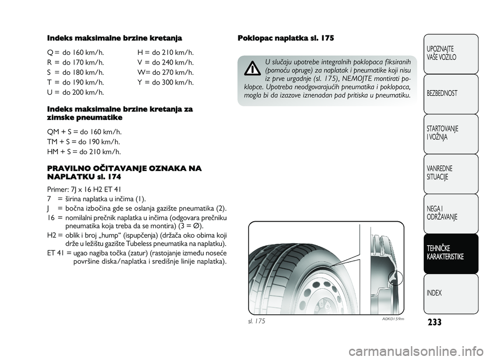 Alfa Romeo Giulietta 2011 Knjižica za upotrebu i održavanje (in Serbian) 233
UPOZNAJTE
VAPE VOZILO
BEZBEDNOST
STARTOVANJE
I VOQNJA
VANREDNE
SITUACIJE
NEGA I
ODRQAVANJE
T EH N IT KE
K A RA KTER IS T IK E
INDEX
I n dek s m ak sim aln e b rz in e k re ta n ja
Q= do 16\f km/h Alfa Romeo Giulietta 2011 Knjižica za upotrebu i održavanje (in Serbian) 233
UPOZNAJTE
VAPE VOZILO
BEZBEDNOST
STARTOVANJE
I VOQNJA
VANREDNE
SITUACIJE
NEGA I
ODRQAVANJE
T EH N IT KE
K A RA KTER IS T IK E
INDEX
I n dek s m ak sim aln e b rz in e k re ta n ja
Q= do 16\f km/h